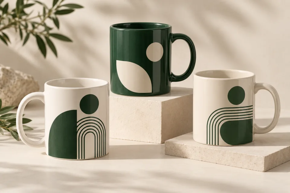 Trzy ceramiczne kubki w odcieniach bieli i zieleni z geometrycznymi nadrukami
